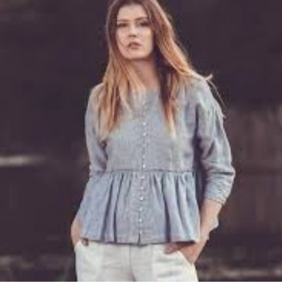 SIGRID OLSEN LINEN PEPLUM PINSTRIPE BUTTON DOWN TOP SIZE SMALL EUC - Picture 1 of 8